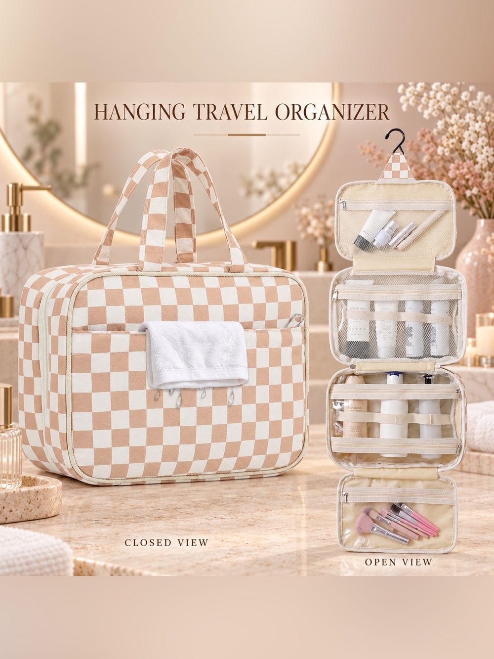 Fammart Checkered Hanging Travel Toiletry Bag